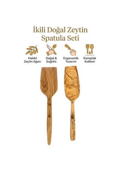 Kamptek Zeytin Ağacı El Yapımı 2'li Mutfak Seti - Doğal Ahşap Spatula Ve Servis Sunum Gereci Ahsap
