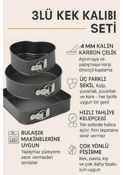 Karbon Çelik 3 Parça 22-24-26cm Kalp Yuvarlak Kare Kelepçeli Kek Kalıbı Cin798sy Diğer