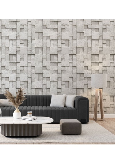 Kare Gri Taş Desen Duvar Kağıdı 16m2 - 6755-1 Çok Renkli