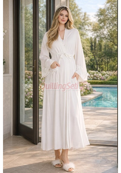 Lady Ekru Renk Dantel Detaylı 33500 Sabahlıklı 2li Hamile Gecelik Takım Set