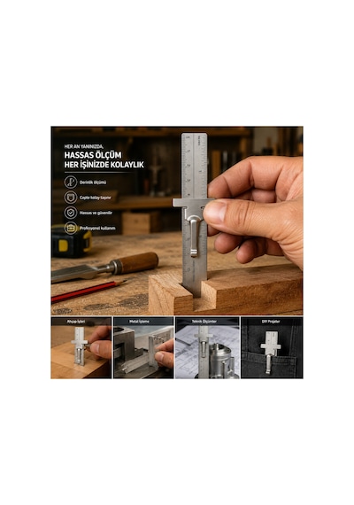 Paslanmaz Çelik Sürgülü Klipsli Cep Cetveli 15 Cm Çift Taraflı Hassas Metal Cetvel