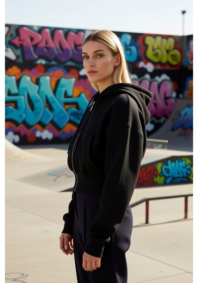 Benerly Kadın Kapüşonlu Düşük Kol Fermuarlı Örme Sweatshirt Fonksiyonel D siyah