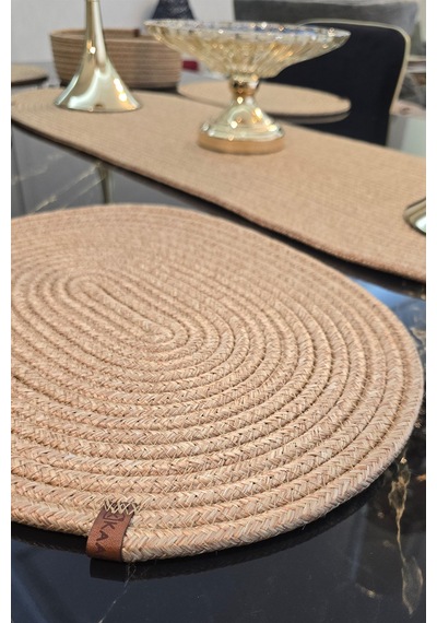 6 Lı Oval Supla 1 Runner 1 Dekoratif Ekmek Sepeti Seti Desenli Sunumluk Yemek Takımı Bej