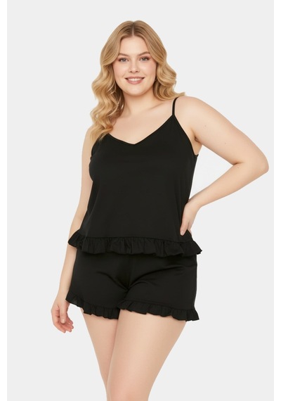 Unika Boutique Askılı Fırfır Detaylı Büyük Beden Pijama Takımı Siyah