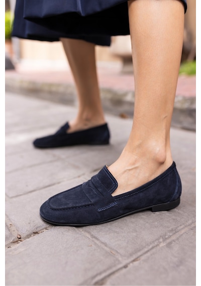 Otton Kadin Lacivert Gercek Suet Loafer Babet Lacivert Suet