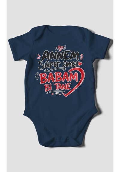 Morivokids Annem Süper Ama Babam Bi Tane Kısa Kollu Bebek Body %100 Pamuk Lacivert