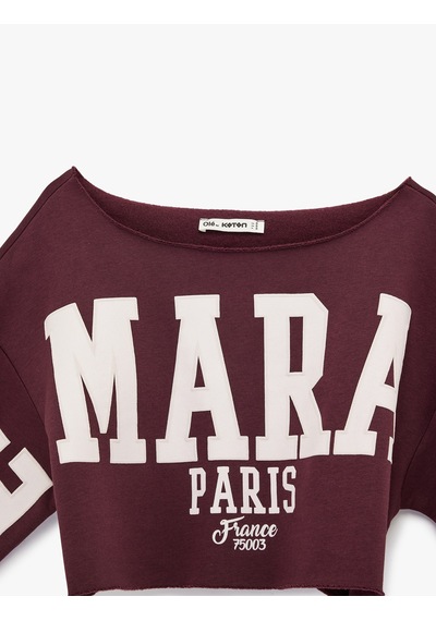 Koton Uzun Kollu Kayık Yaka Baskılı Crop Oversize Sweatshirt Bordo 6sal10246ık Bordo