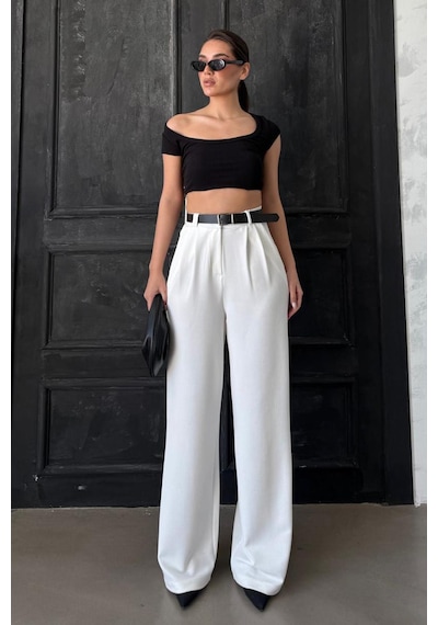 Madmext Beyaz Çift Pileli Kemerli Pantolon Mg2330 Beyaz