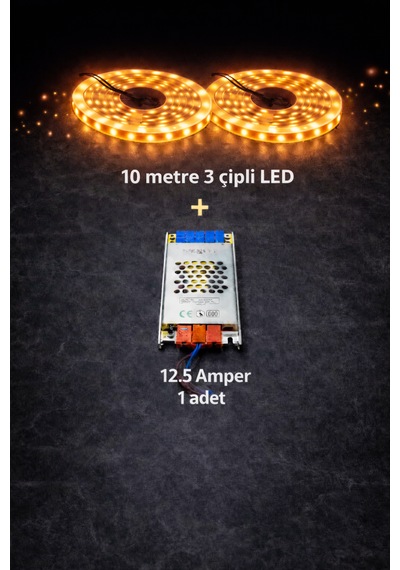3 Çipli 10 Metre Led + 12.5 Amper Trafo Amber