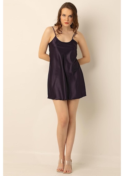 İnce Askılı Mini Saten Gecelik-336,dark Mor Xl Açık Bej - Beyaz