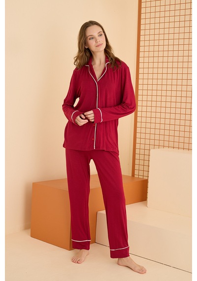 Nbb Kadın Bordo Viskon Önden Düğmeli Pijama Takımı Bordo