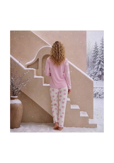 Pijamoni Kadın Waffle Kumaş Önden Düğmeli Uzun Kollu Pijama Takımı Pembe