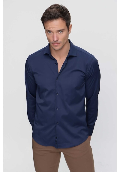 Morven Erkek Lacivert Slim Fit Dar Kesim Düz Sert Yaka Uzun Kollu Gömlek Lacivert