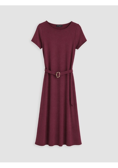 LC Waikiki Lcw Comfort Mürdüm Bisiklet Yaka Beli Kemerli Kloş Elbise Lıght Plum