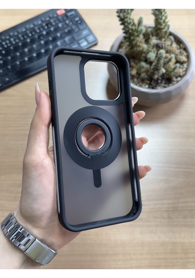 Apple Uyumlu iPhone 14 Pro Max Standlı Ve Yüzüklü Magsafe Kılıf Soocase721 Siyah