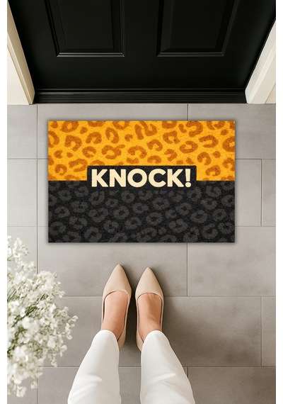 Rugmood Leopar Desenli Knock Yazılı Kapı Önü Paspası Kaymaz Tabanlı Modern Tasarım Siyah
