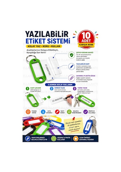 10 Adet Karışık Renk Plastik Anahtarlık Etiketi Yazılabilir İsimlik Anahtar Etiketi Metal Halkalı Bo