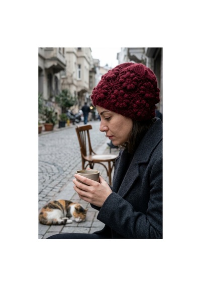 Emybox El Örgüsü Siyah Kadın Bere Tığ İşi Çiçek Motifli Bohem Kışlık Şapka - Vintage Stil Yumuşak Örgü Bere Modeli Bordo