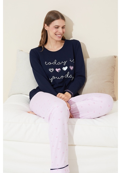 Siyah İnci Pamuklu Örme Pijama Takım 24240096 Lacivert