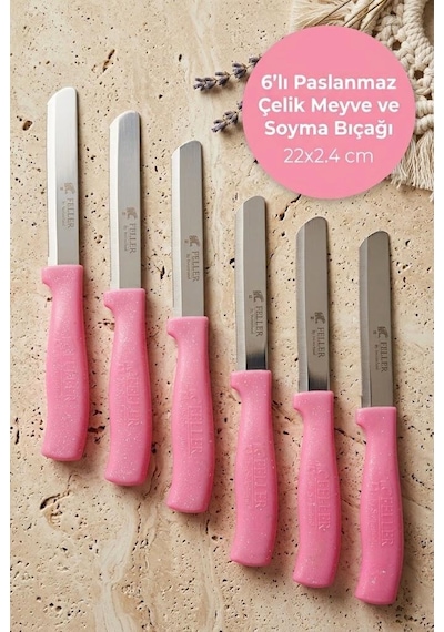 Feller 6'lı Lazer Tırtıklı Paslanmaz Çelik Sebze Meyve Bıçağı 22x2.4 Cm - Pembe Saplı Soyma Ve Doğrama Seti