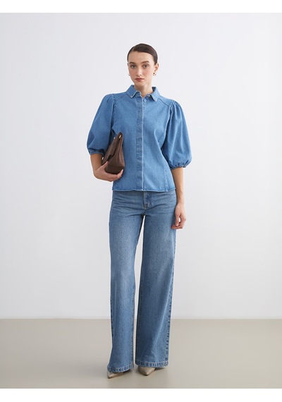 Lcw Comfort İndigo Balon Kollu Kadın Jean Gömlek