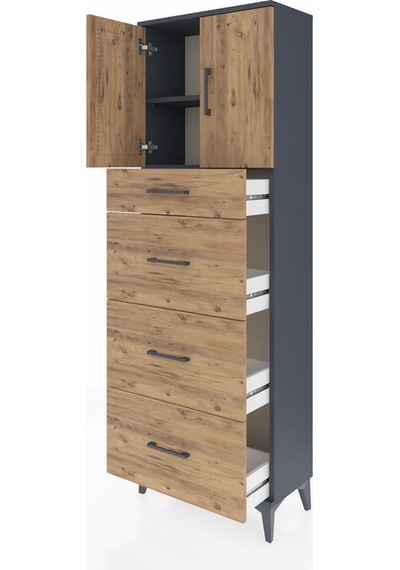 Arges Dolap 2 Raflı 4 Çekmeceli 2 Kapaklı 60x30x182 Antrasit-çam Antrasit