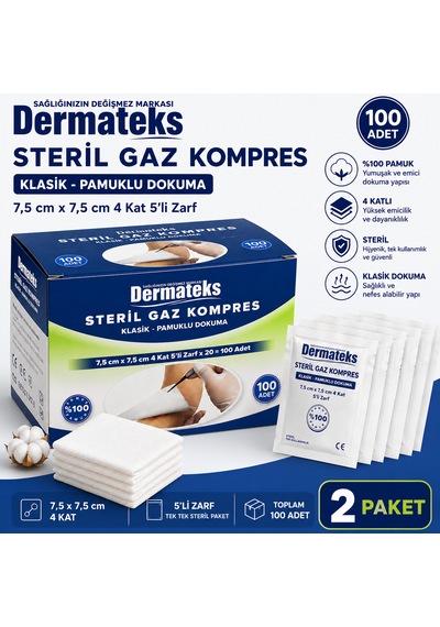 Dermateks Steril Kompres 7,5 7,5cm 4 Kat 5'li Zarf 2 Paket