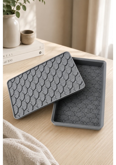 Desenli Kapaklı Dekoratif Kutu Masa Üstü Organizer Takı Aksesuar Saklama Kutusu Pla 20x12.5 Cm Gri