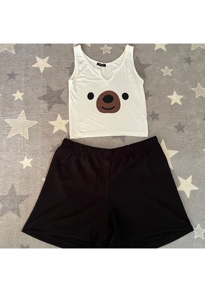 River Island River İsland Ayıcık Desenli Ekstra Dar Kalıp Kadın Pijama Takımı Beyaz - Siyah