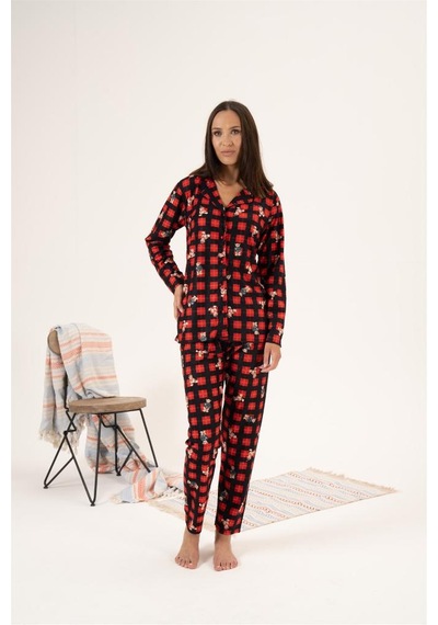 Estiva Kareli Desen Önden Düğmeli Süet Bayan Pijama Takım 001