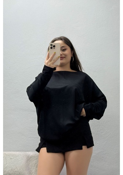 Belendir Kadın Modal Kayık Yaka Yarasa Kol Bluz Siyah