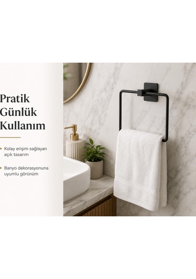 Lexroo Siyah Kare Havluluk, Yapışkanlı Ve Vidalı Montajlı Duvara Monte Havlu Askısı