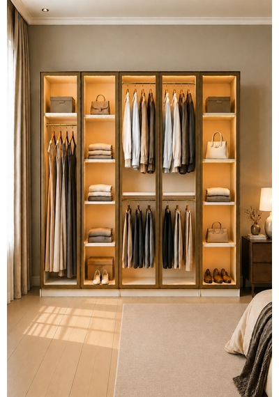 Vino Gardırop 5 Kapaklı Askılı+raflı+tekli Temperli Cam Kapaklı Led Işıklı Kıyafet Dolabı Elbise Dolabı Vizon