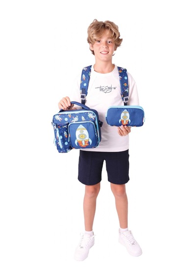 Kaukko Kids Kız Çocuklara Özel Lacivert - Roket Detaylı Üçlü Okul Çantası Seti Lacivert