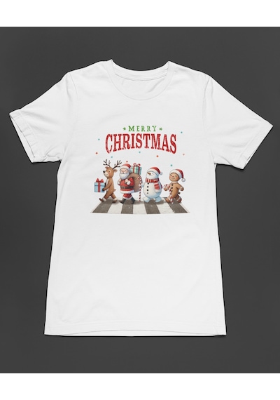 Bumeta Christmas Crossing Santa Geyik Ve Kardan Adam Baskılı Unisex Tişört T-shirt Beyaz