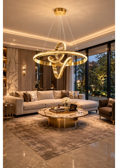 Hanedan Lüks Cristalya Serisi Premium Kalın Çizgili Kasalı Orjinal Gold Kaplamalı 3 Renk Ledli Sarkıt Ledli Avize Modern Led Avize -çap 50 Cm Gold Gold