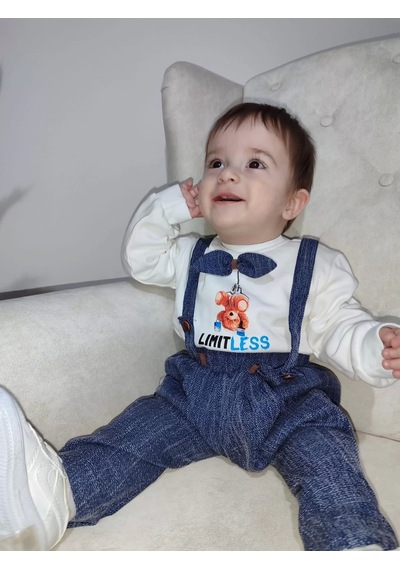 Alfa Expres 9-12-18 Ay Papyonlu Sweat Kot Pantolon 2li Erkek Bebek Salopet Takımı Lacivert Lacivert