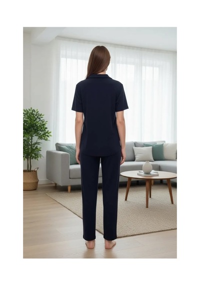 İkikareshop Özel Tasarım Kadın Lacivert Polo Yaka Pijama Takımı %100 Pamuk Çok Renkli