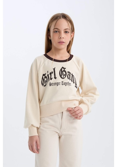 DeFacto Kız Çocuk Relax Fit Bisiklet Yaka Baskılı İçi Yumuşak Tüylü Sweatshirt D7042A824WNBG734 Bej