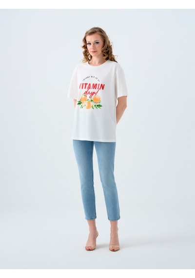 Oversize Kadın Tshirt K.kol Ekru