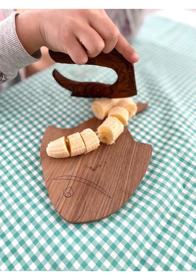 Ahşap Çocuk Bıçağı Ve Balık Desenli Kesme Tahtası / 2'li Ahşap