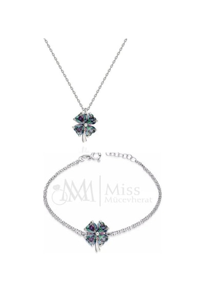 Gümüş Kalp Mistik Topaz Taşlı Yonca Kolye Bileklik Set