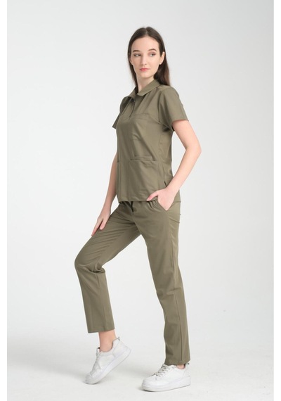 Üniforma Haki Renk Polo Yaka Unisex Likralı Ütü İstemeyen Doktor Hemşire Takım Scrubs Haki