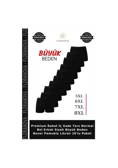 Floranova Premium Rahat İç Sade Tarz Normal Bel Erkek Siyah Büyük Beden Boxer Pamuklu Likralı 10'lu Paket