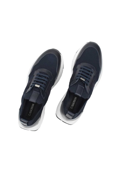 Erkek Lacivert Bağcıklı Deri Sneaker