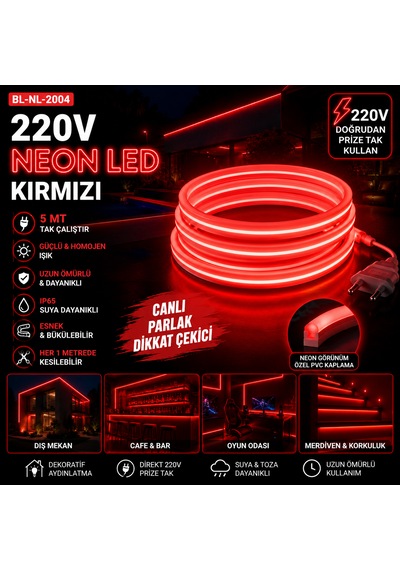 5 Metre Tak Çalıştır Kırmızı Renk Neon Led Borsan 220v Neon Led Kırmızı Montaj Aparatı Dahil Kırmızı - 5 Metre