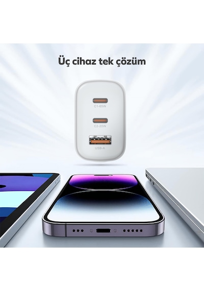 Woyax Hızlı Şarj Aleti 65w Type-c Kablo Beyaz Android / Tablet / Apple Uyumlu iPhone / Macbook/ Laptop