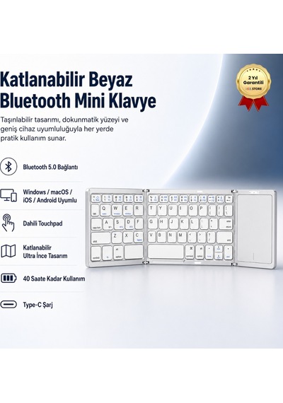 Katlanabilir Beyaz Her Cihaza Bluetooth İle Uyumlu Portatif Taşınabilir Dokunmatik Mini Klavye-1395