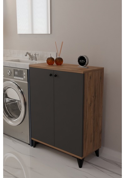 Çok Amaçlı Banyo & Çamaşır Odası Dolabı, Ayarlanabilir Raflı, Kapaklı Modern Banyo Dolabı Atlantik Çam - Antrasit