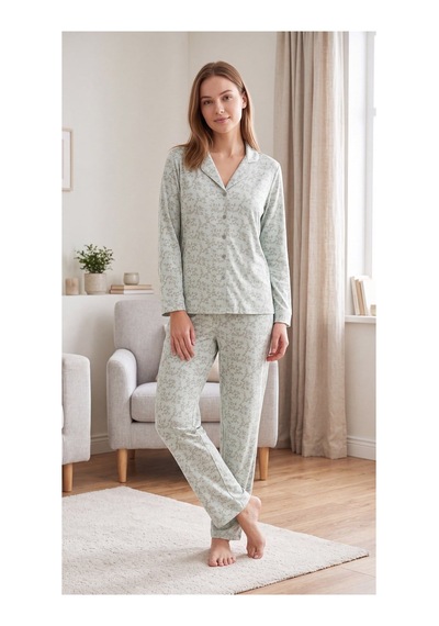 Flz Kadın Kışlık Viskon Pijama Takımı M L Xl Xxl Uzun Kollu Boydan Düğmeli Şık Ev Giyim 89-164 Mint